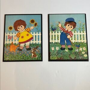 Vintage Raggedy Ann and Andy Wooden Art Prints 15” X 11”